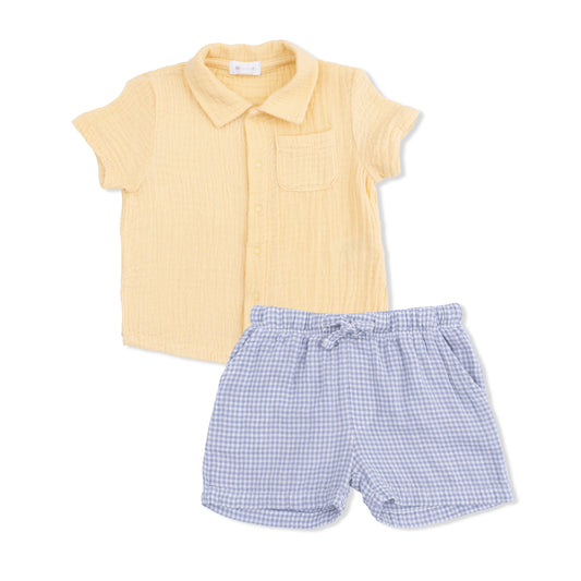 Micro Gingham Blue Blizzard | Polo Button Up with Casual Short