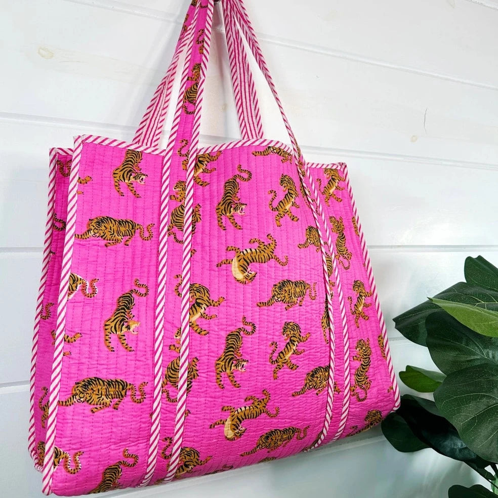 Quilted Tote Bag | Pink Tiger Tote | Large Shopping Tote Bag