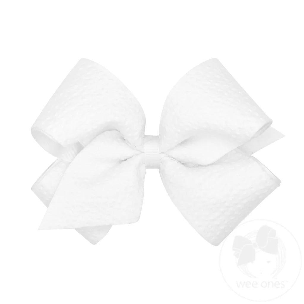 King Genuine Seersucker Fabric and Grosgrain Overlay Hair Bow | White