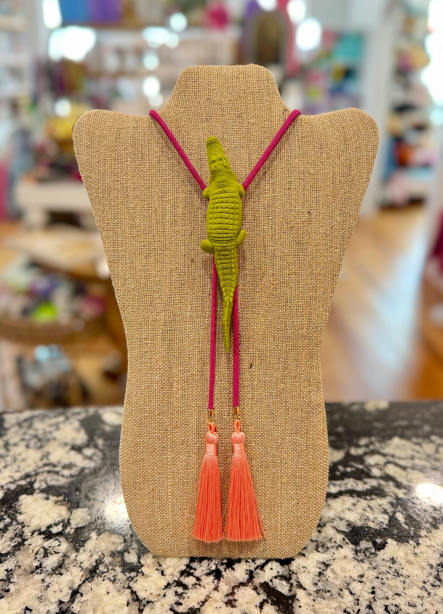 Alligator Bolo Olive Green with Fuchsia & Peach