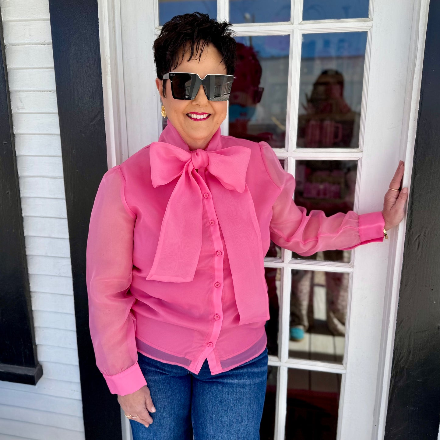 Light Pink Button Down Blouse with Bow | Brianna Cannon