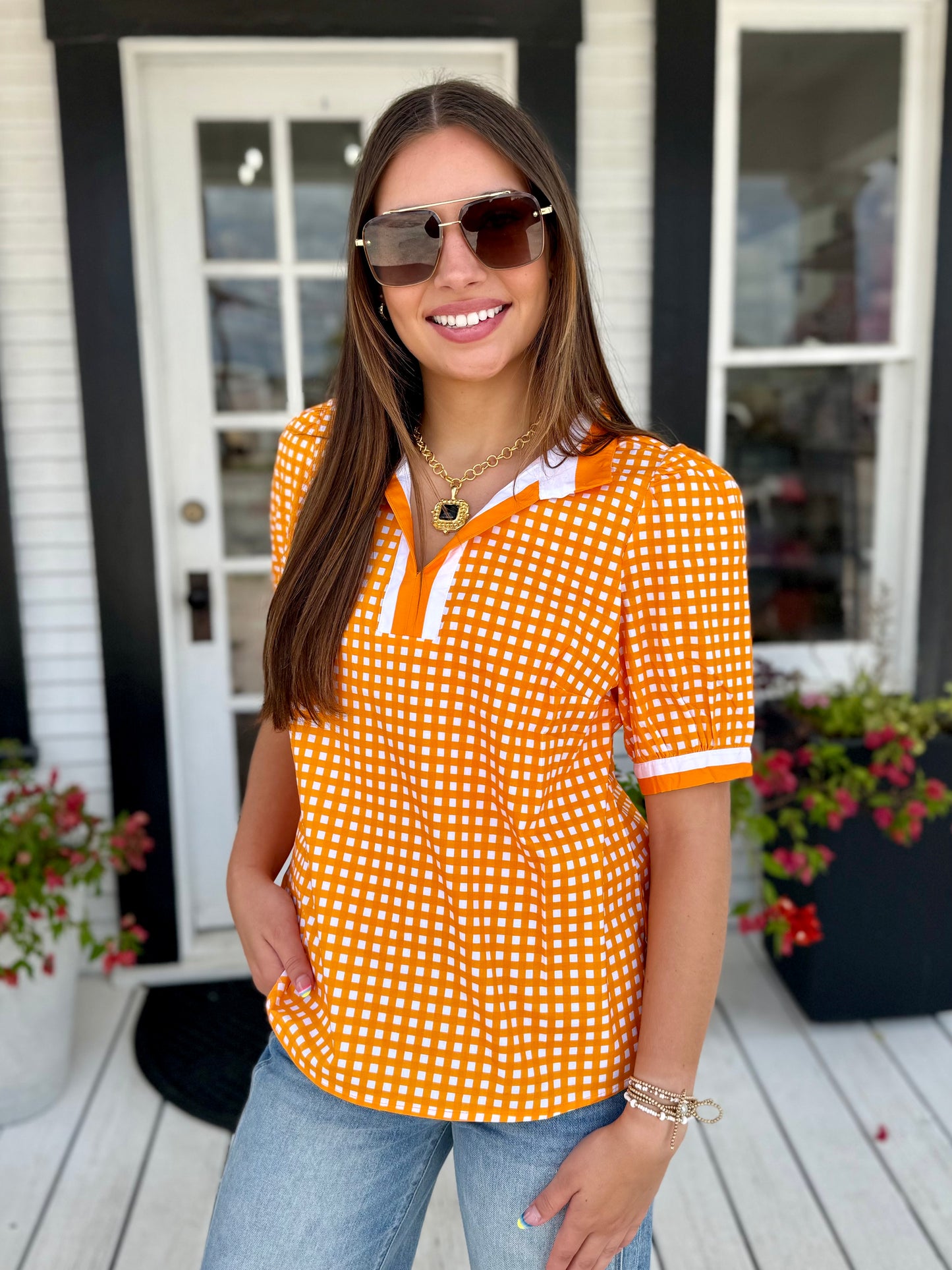 Tricia Top | Gingham Orange + White