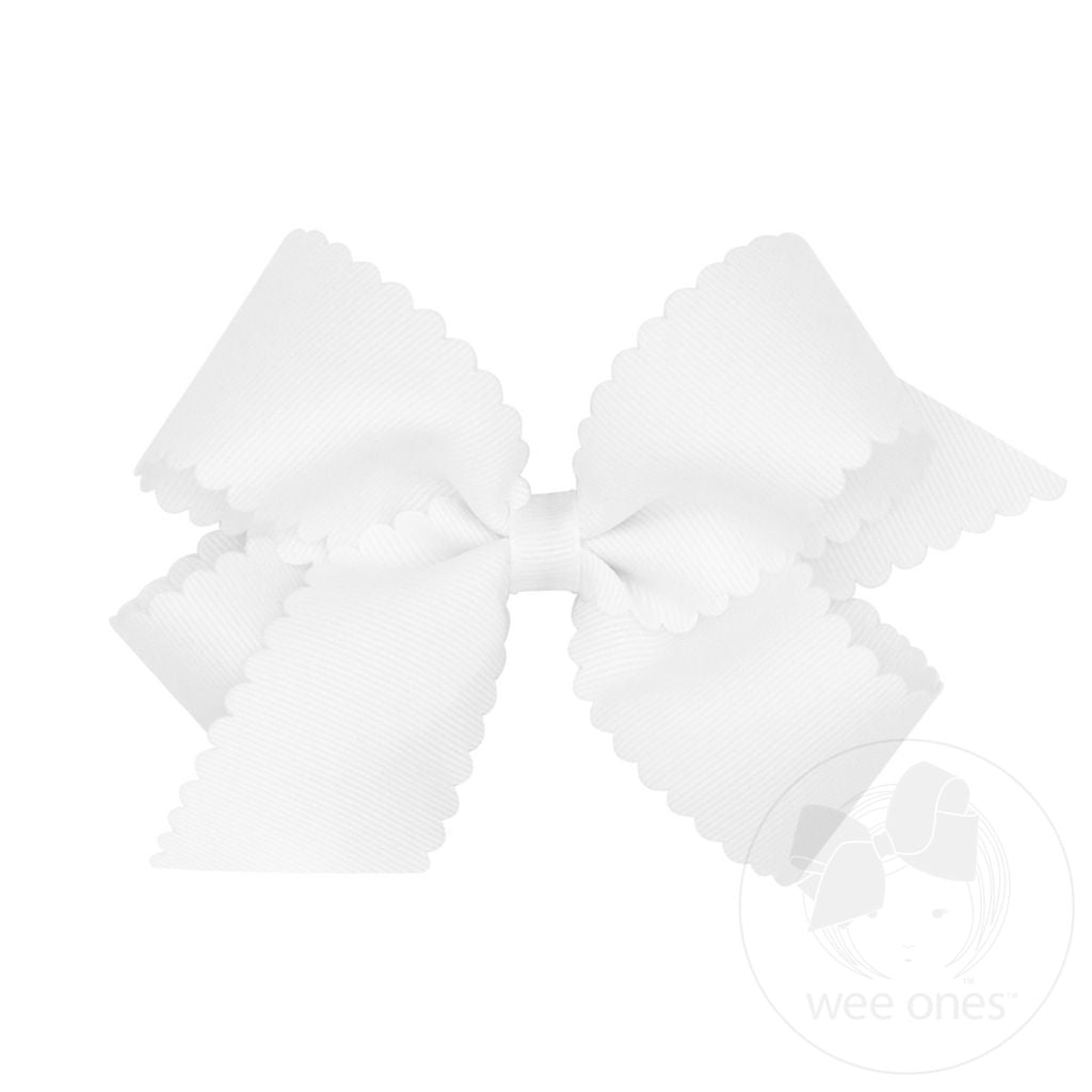 Medium Grosgrain Hair Bow with Scalloped Edge | White