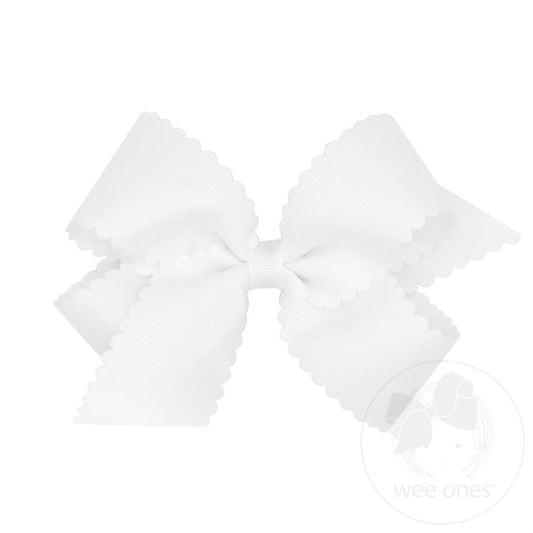 Medium Grosgrain Hair Bow with Scalloped Edge | White