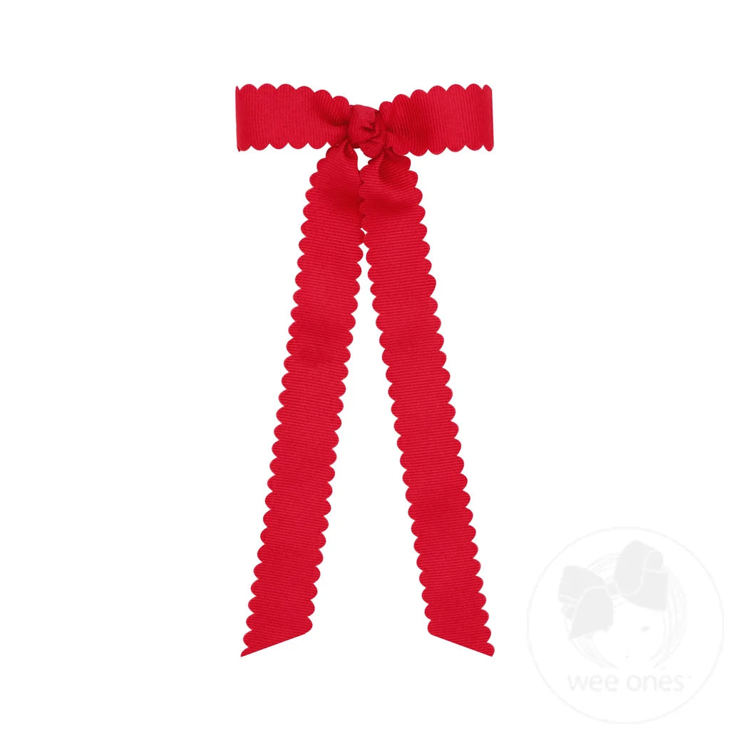 Mini Grosgrain Bowtie with Scalloped Edge, Knot Wrap, and Streamer Tails | Red