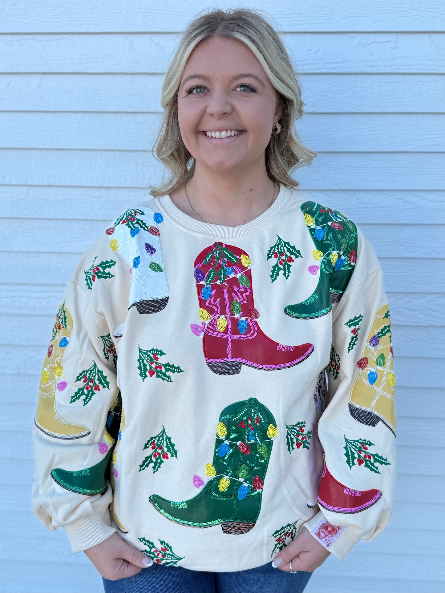QOS Beige Multi Christmas Cowboy Boots Sweatshirt