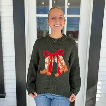 Cowboy Boots With Ribbon Knit Sweater