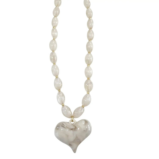 Roxie Cream Beaded Necklace with Heart Charm