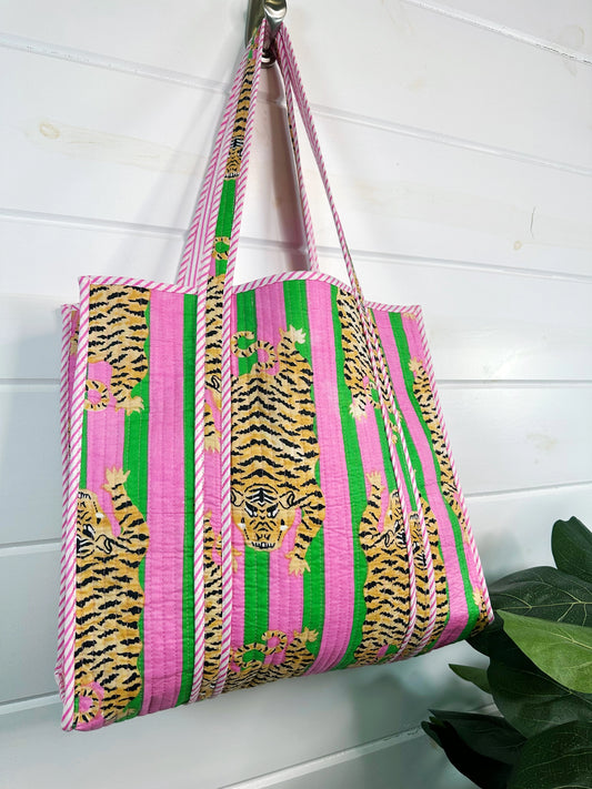 Cotton Quilted Large Shopping Tote Bags - Green Pink Tigers