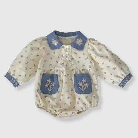 Dainty Floral Onesie with Denim Collar