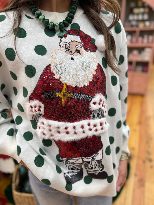 QOS White & Green Polka Dot Sequin Santa Sweater