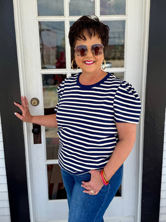 Larissa Pleat Sleeve Tee | Navy + White Stripe