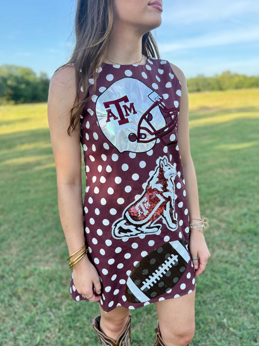QOS Licensed Texas A&M Football & Helmet Icon Polka Dot Tank Dress