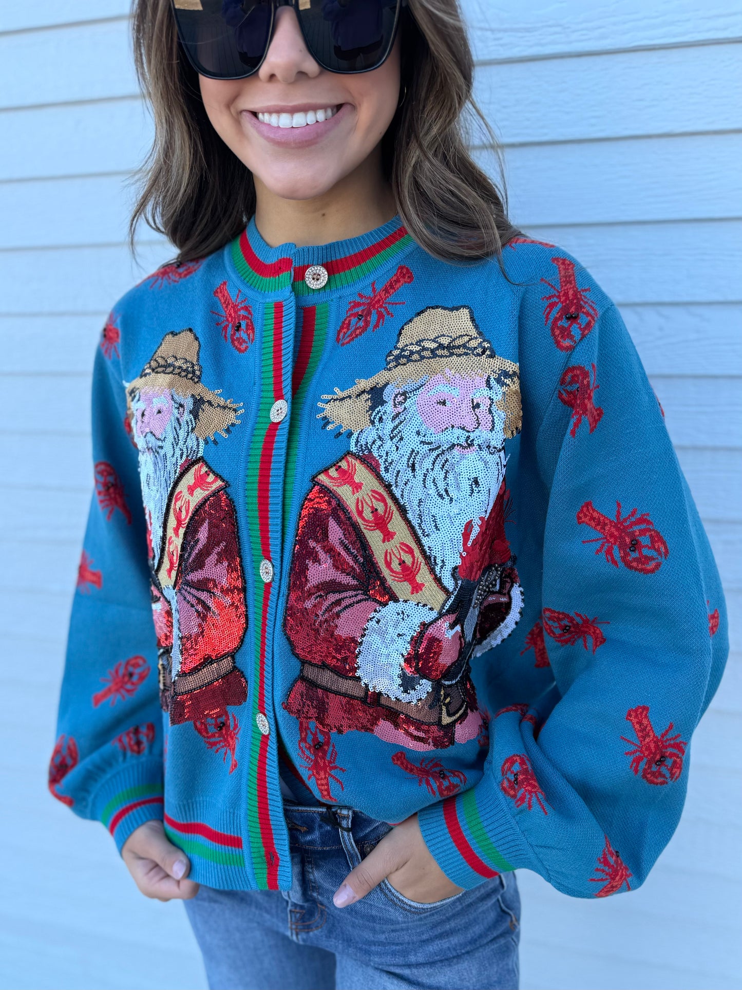 QOS Blue Crawfish Santa Button Up Cardigan