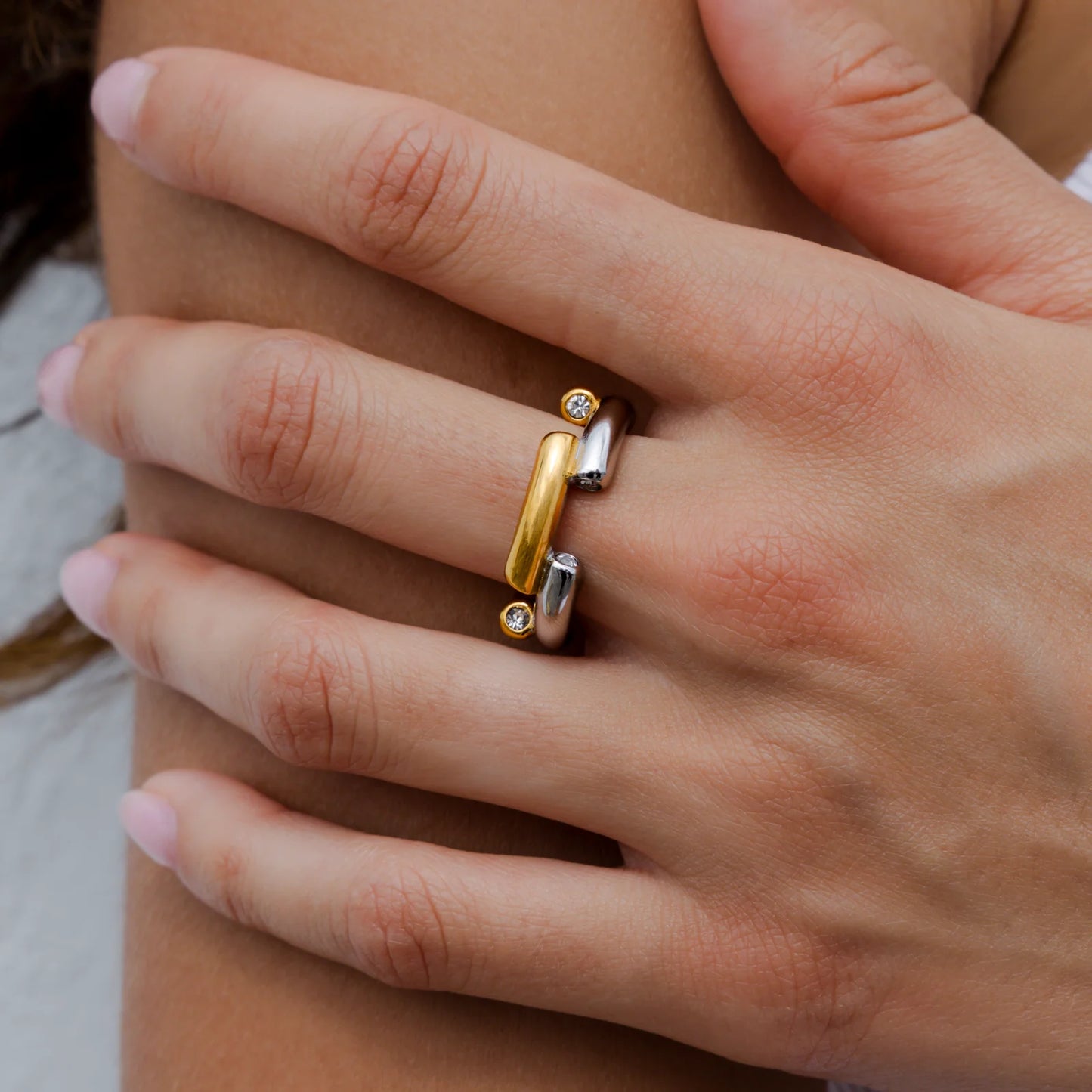 Waterproof Two-Tone Crystal Tennis Statement Ring