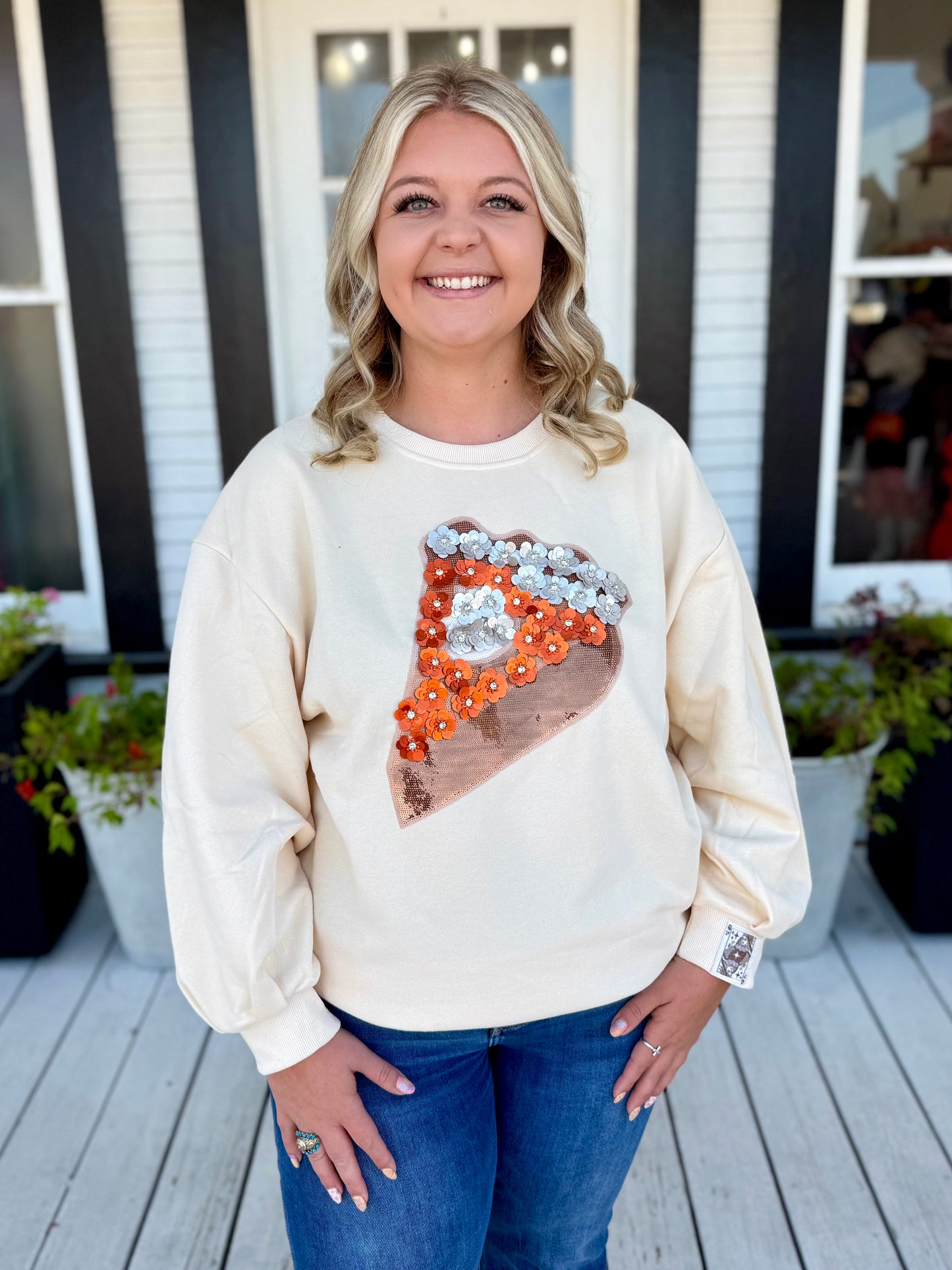 QOS Beige Sequin Flower Pie Slice Sweatshirt