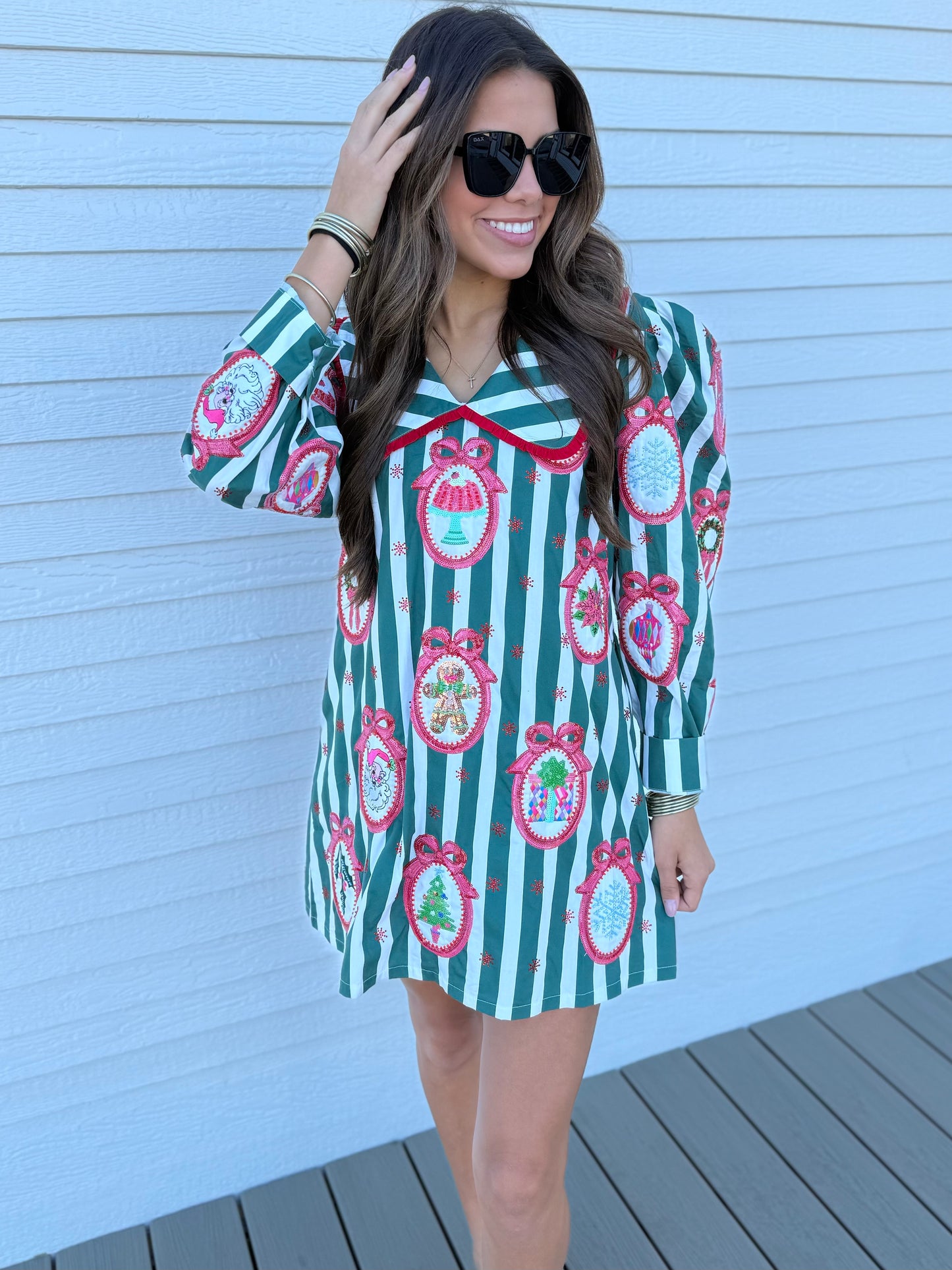 QOS Green Striped Christmas Wallpaper Collar Cotton Dress