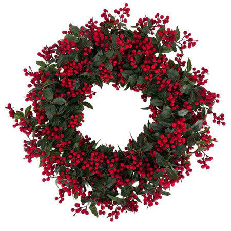 24" Holly & Red Berry Wreath