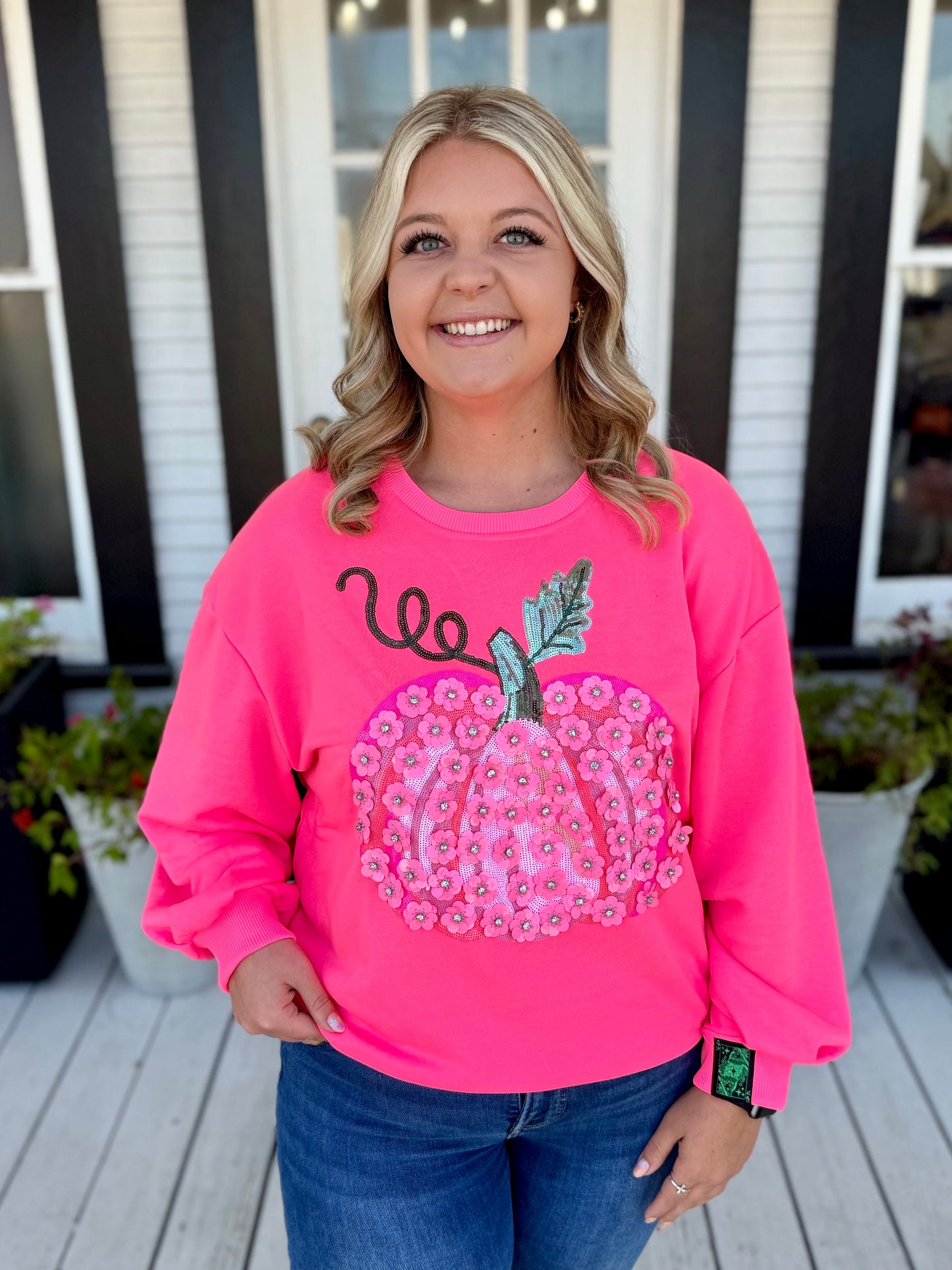 QOS Neon Pink Flower Sequin Pumpkin Sweatshirt