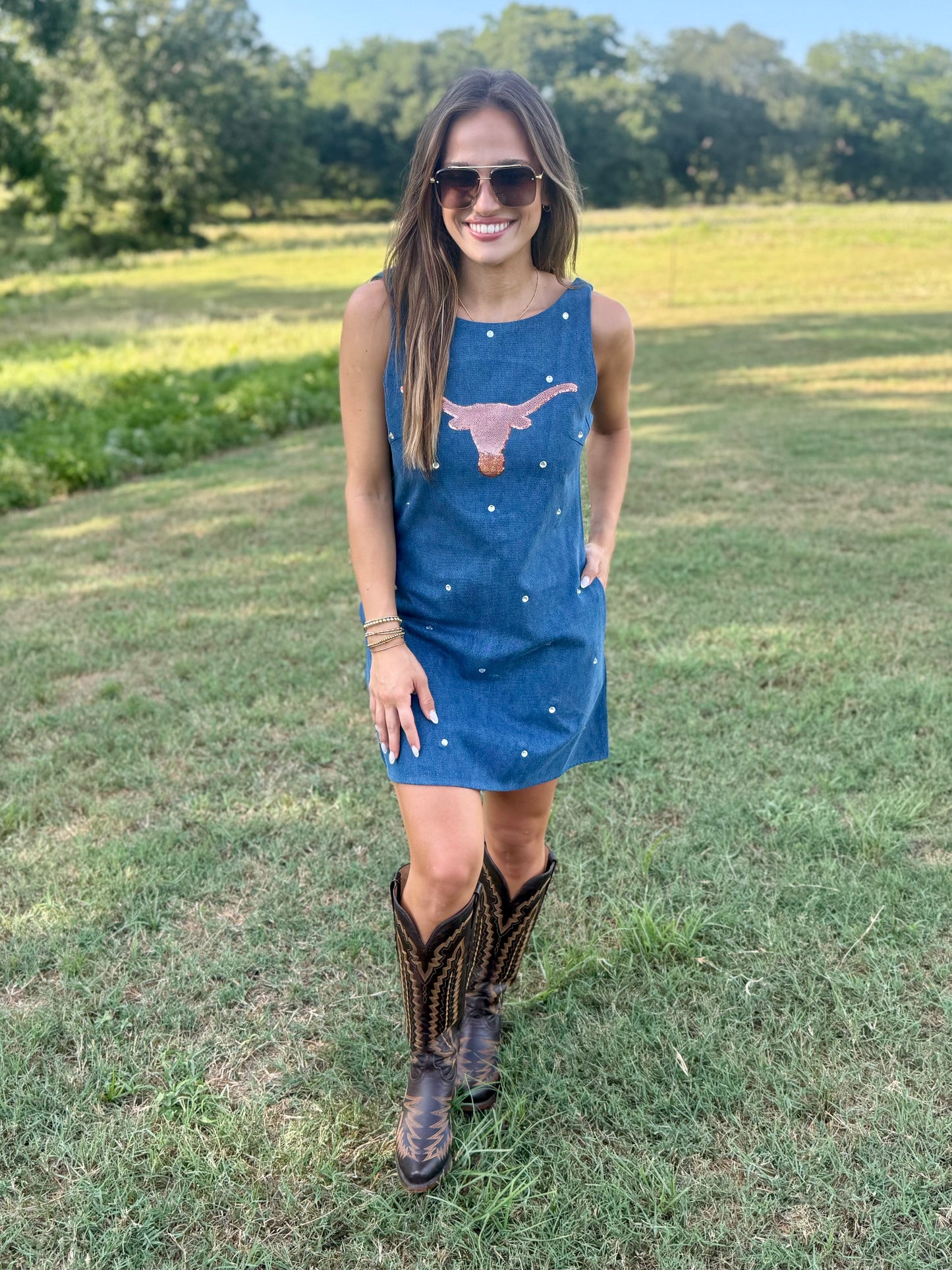 QOS Licensed Texas Scattered Jewel Denim Sequin Mascot Tank Dress