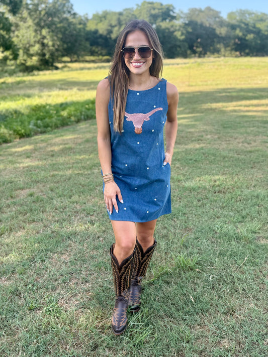 QOS Licensed Texas Scattered Jewel Denim Sequin Mascot Tank Dress