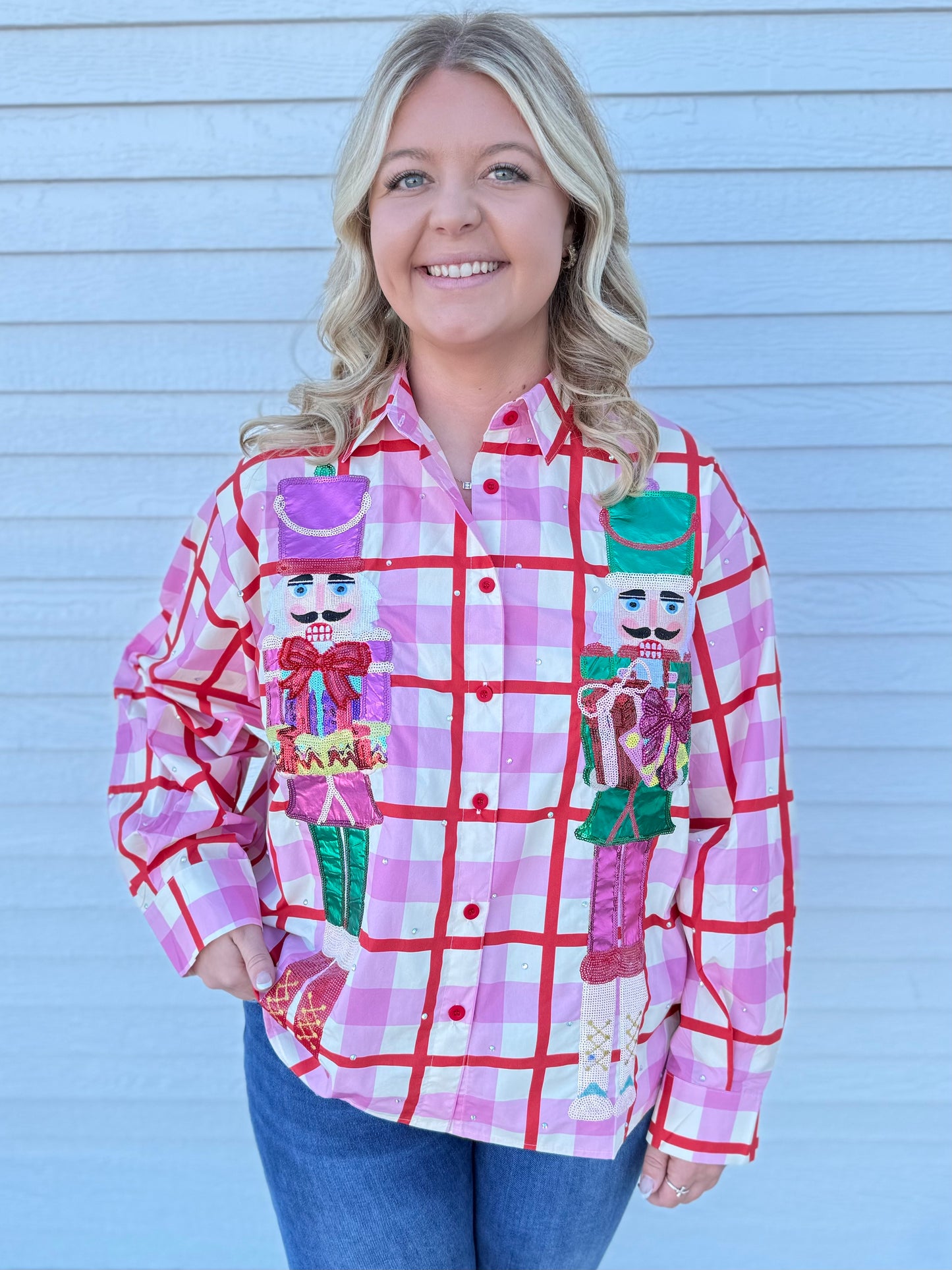 QOS Pink & Red Plaid Metallic Nutcracker Cotton Button Up Top