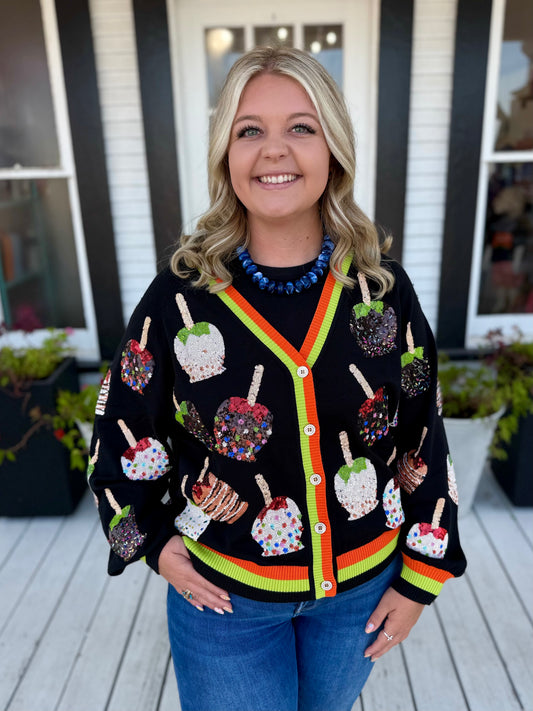QOS Multi Candy Apples Button Up Cardigan
