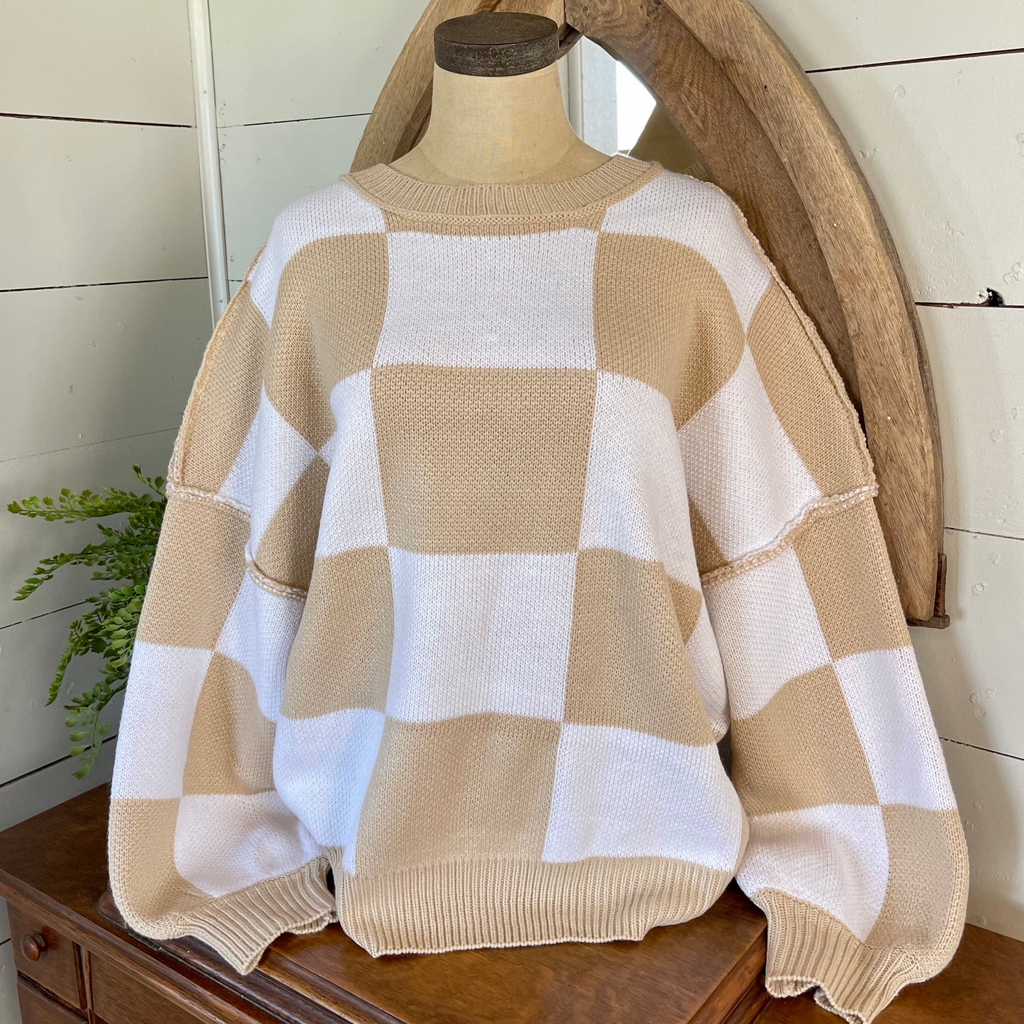 Checkered Bishop Sleeve Sweater