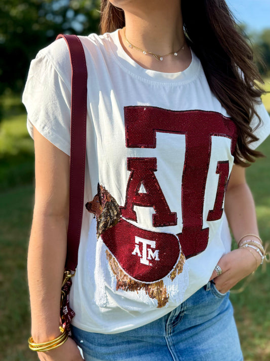 QOS Licensed Texas A&M Mascot Leaning on Letter Tee