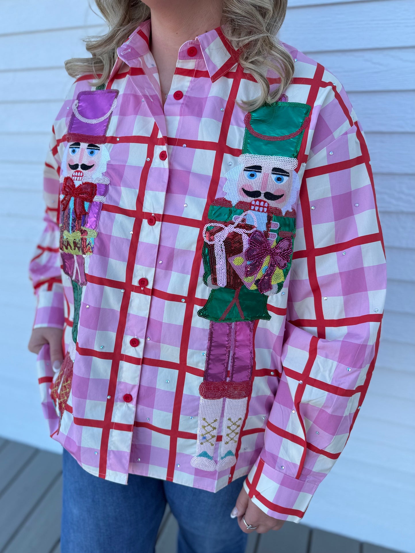 QOS Pink & Red Plaid Metallic Nutcracker Cotton Button Up Top