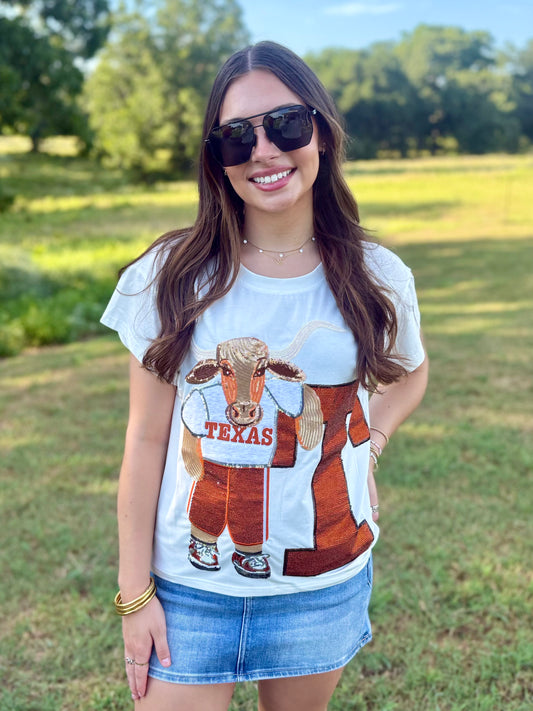 Licensed Texas Mascot Leaning on Letter Tee