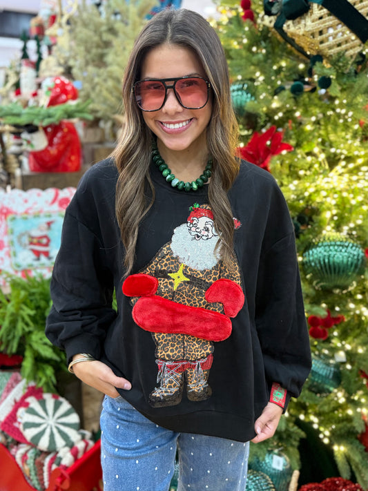 QOS Black Leopard Santa Fur Sweatshirt