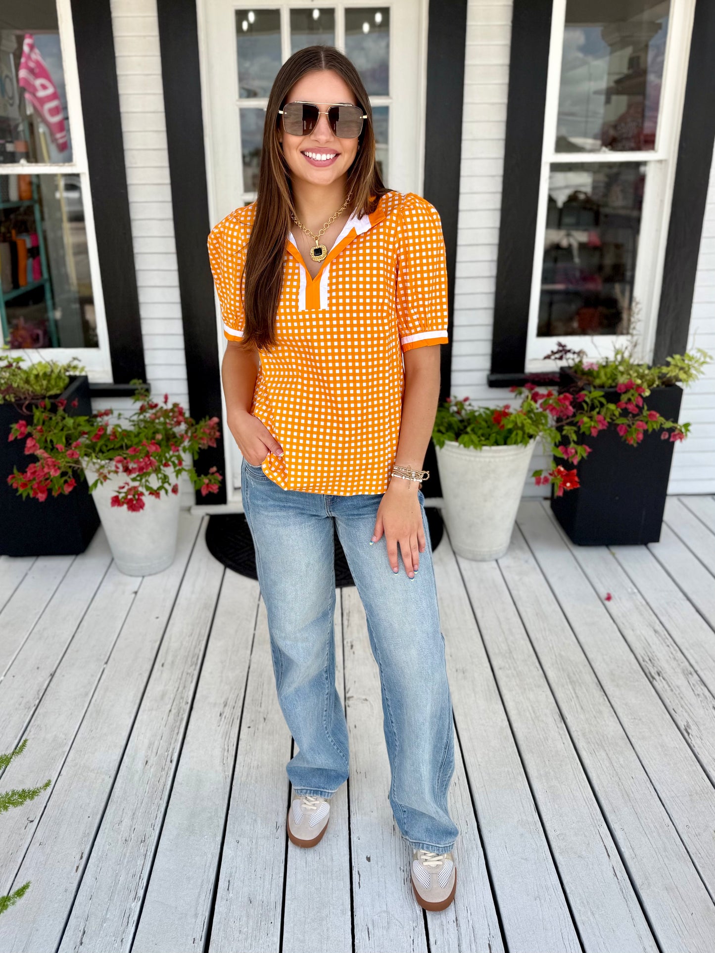 Tricia Top | Gingham Orange + White
