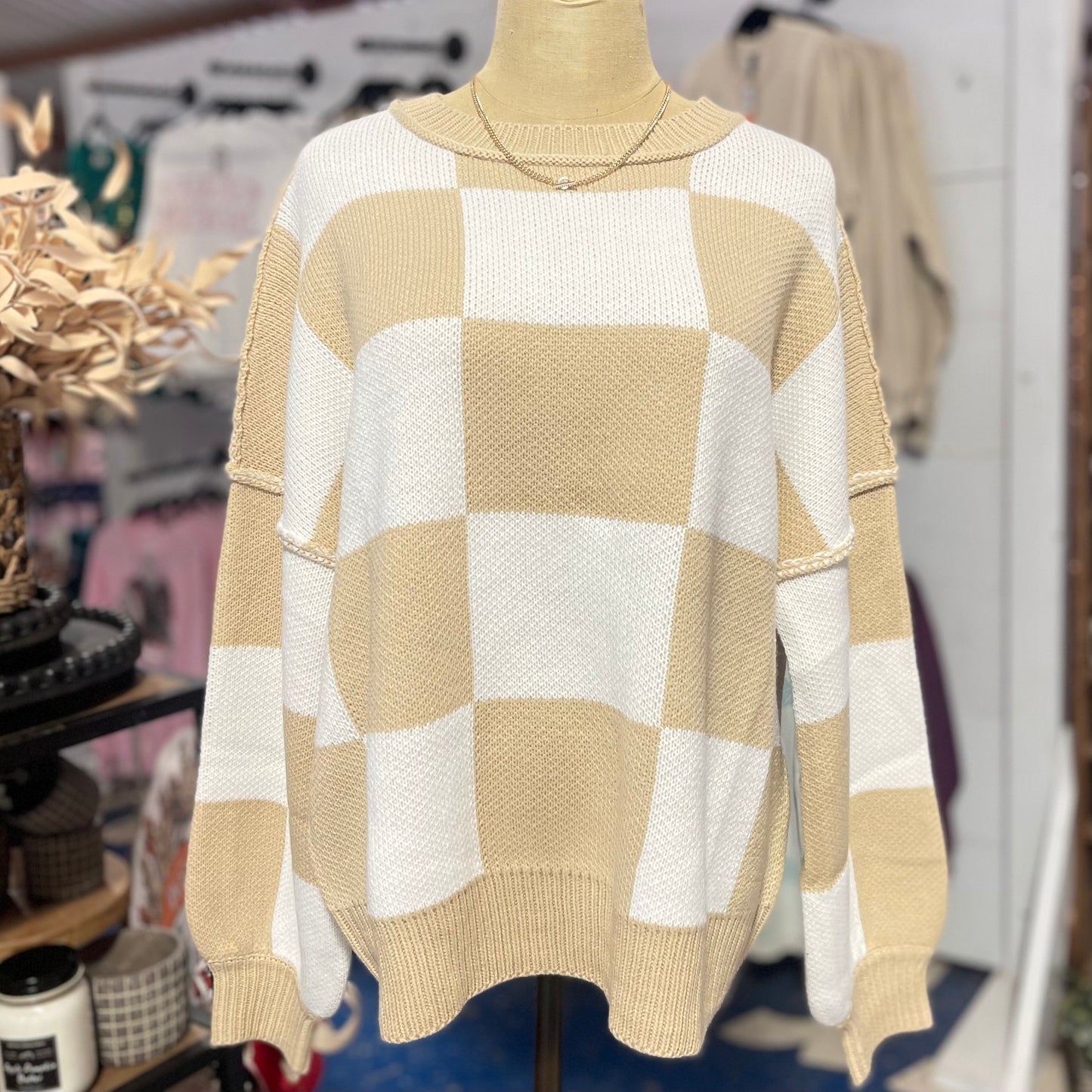 Checkered Bishop Sleeve Sweater