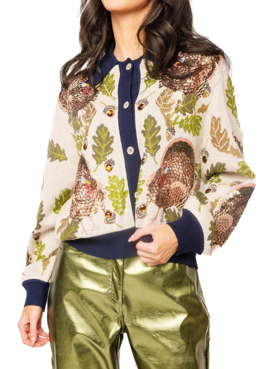 QOS | Navy Trim Button Up Turkey, Leaf, & Acorn Button Up