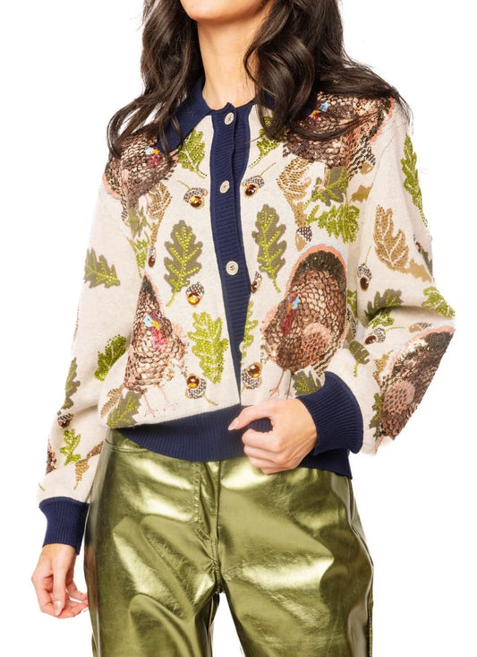 QOS | Navy Trim Button Up Turkey, Leaf, & Acorn Button Up