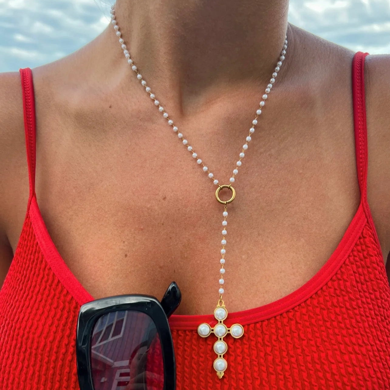 Lariat Pearl Cross Necklace