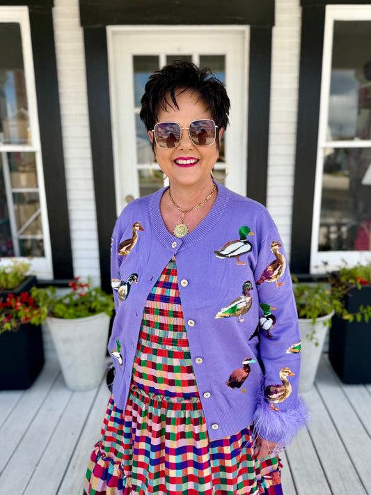 QOS Purple Multi Ducks Feather Sleeve Button Up Cardigan