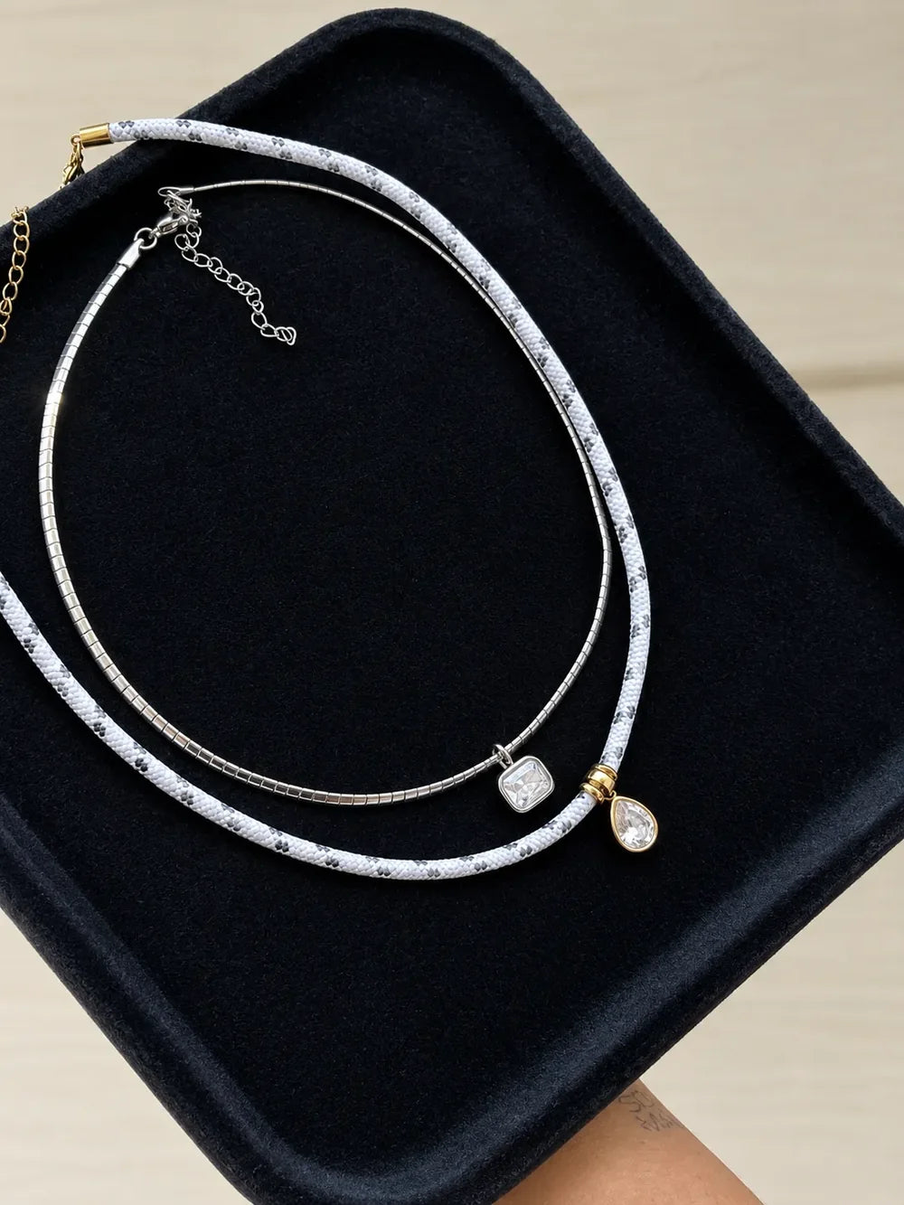 Paracord NecklaceLight Blue - Gold + Pear Crystal Charm