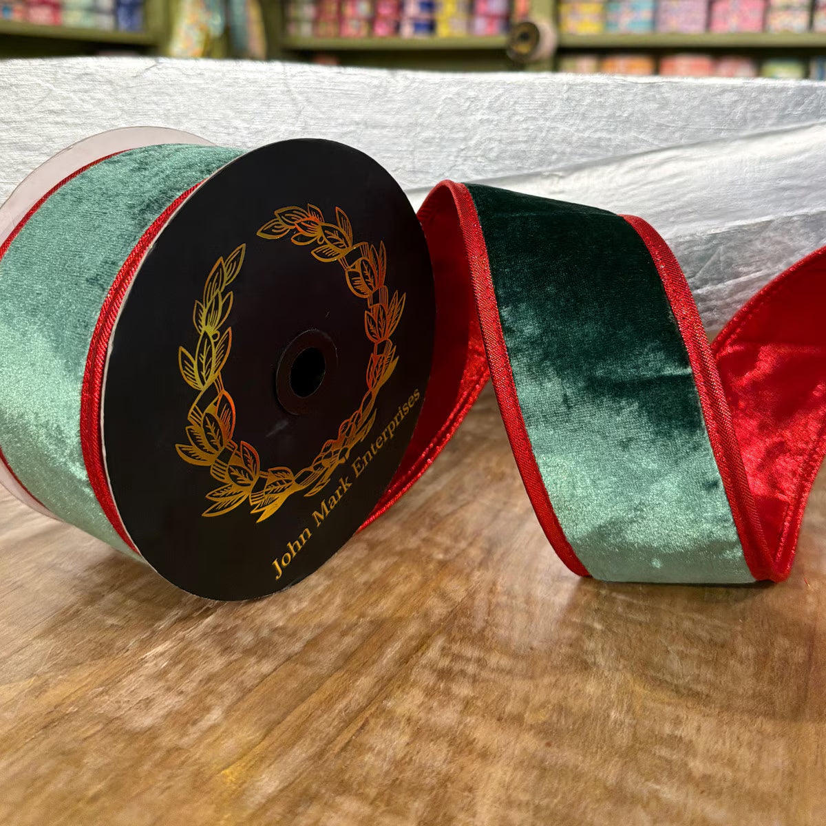 John Mark | Green Velvet DBL Fused Metallic Dupion Red Piping