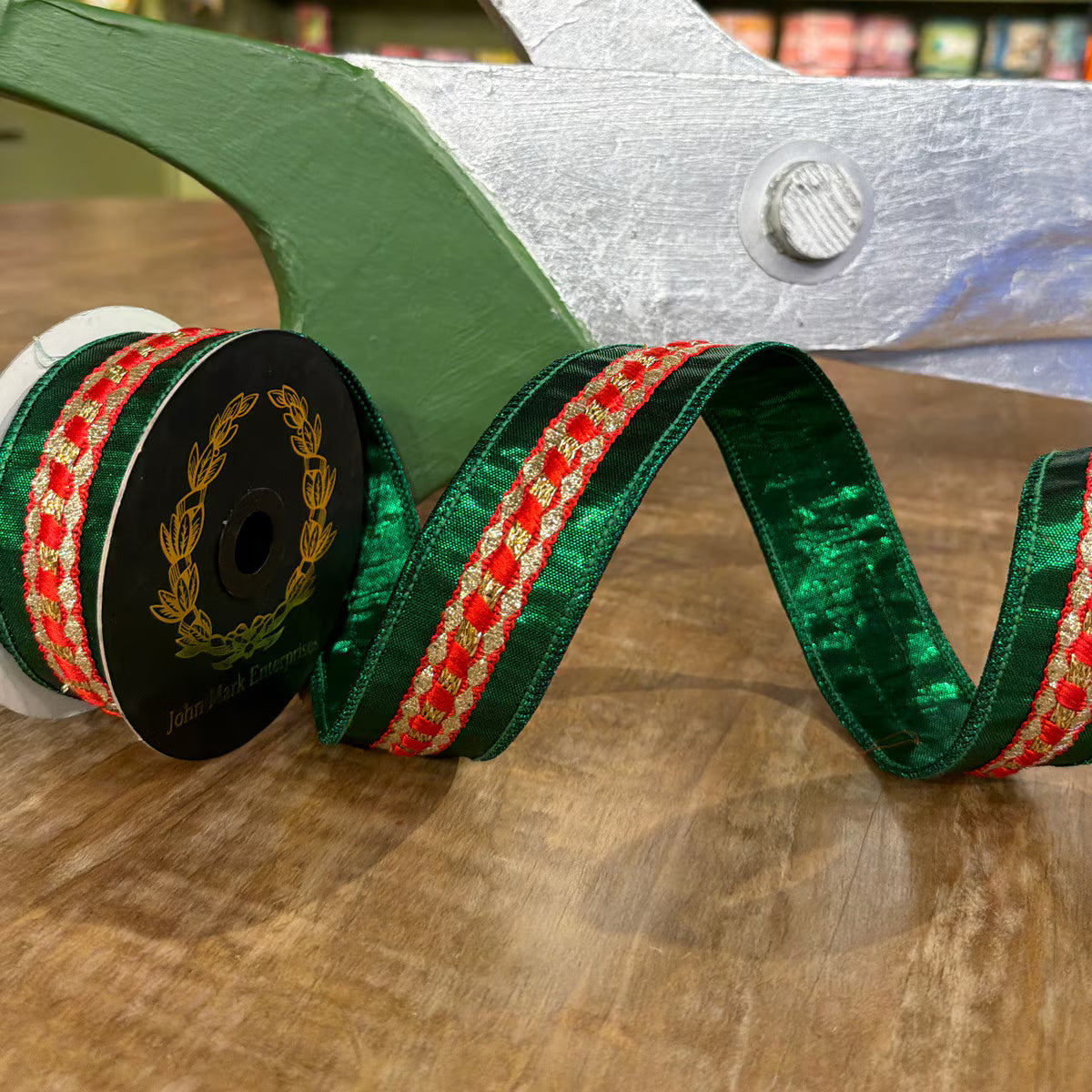 John Mark | Red Trim Metallic Green Dupion Ribbon 1.5"