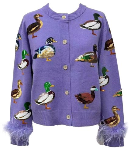QOS Purple Multi Ducks Feather Sleeve Button Up Cardigan