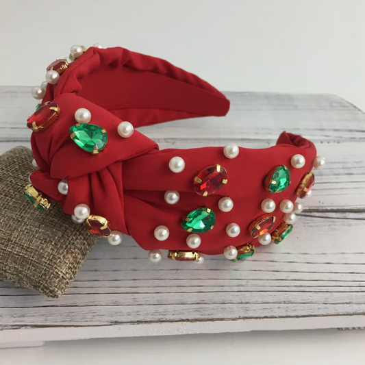 Red Christmas Stone/ Pearl Knot Headband