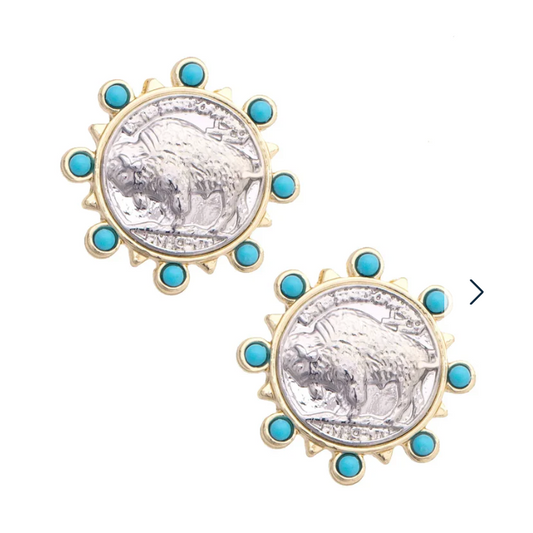 Buffalo Coin Stud Earrings in Silver and Turquoise