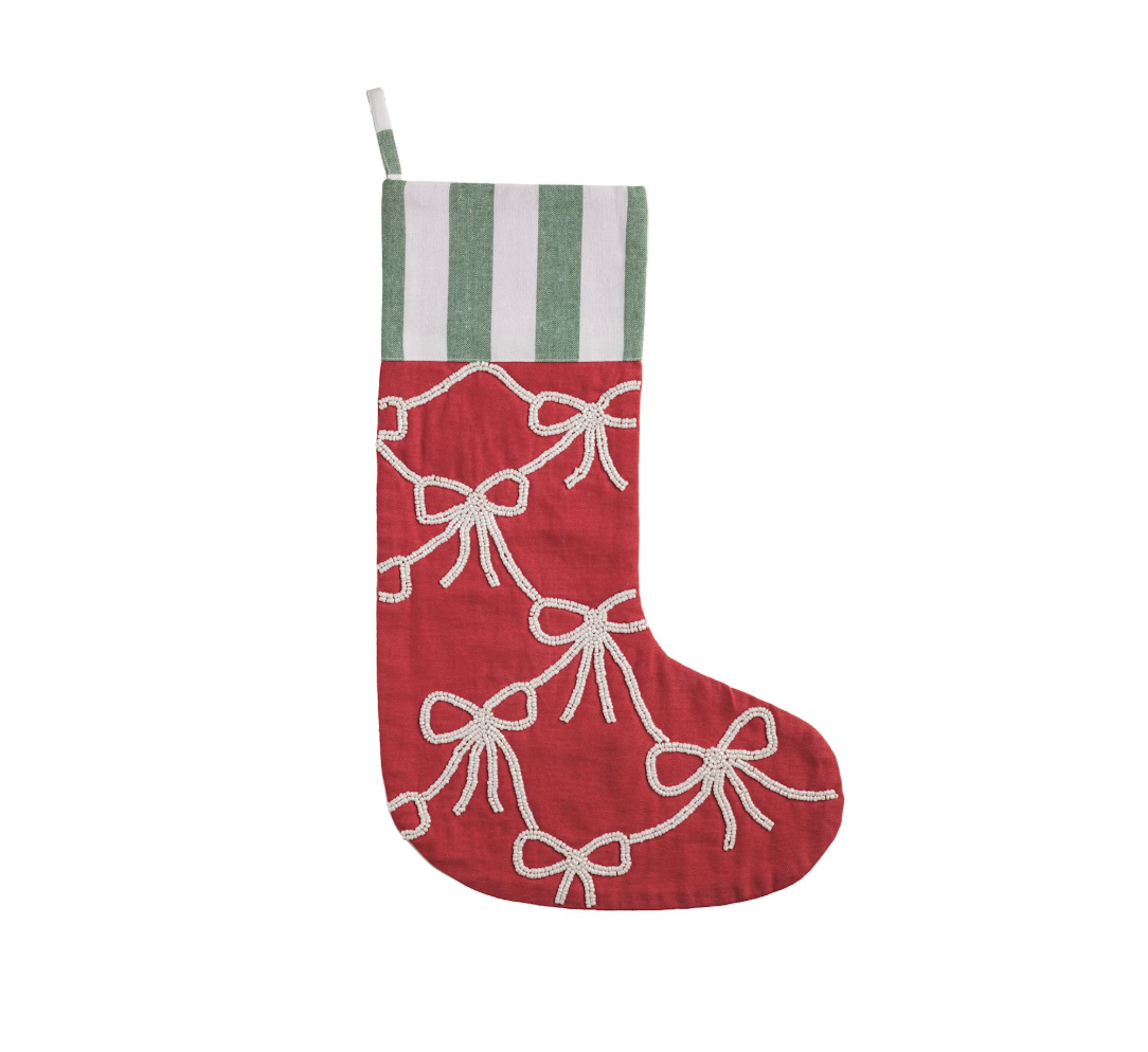 Red Base White Bow Beaded Stocking
