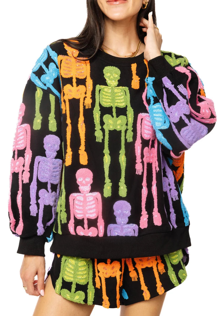 QOS Black Multi Fuzzy Skeleton Sweatshirt
