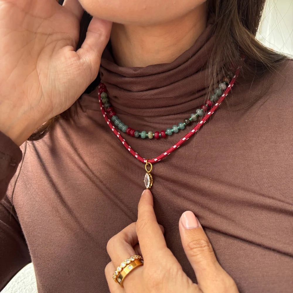Forest Berry Gemstone Necklace - Wine Green + Pear Crystal Charm