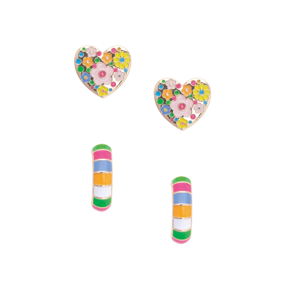 Presley Floral Heart & Huggie Hoop Earrings Set of 2 in Rainbow Multi