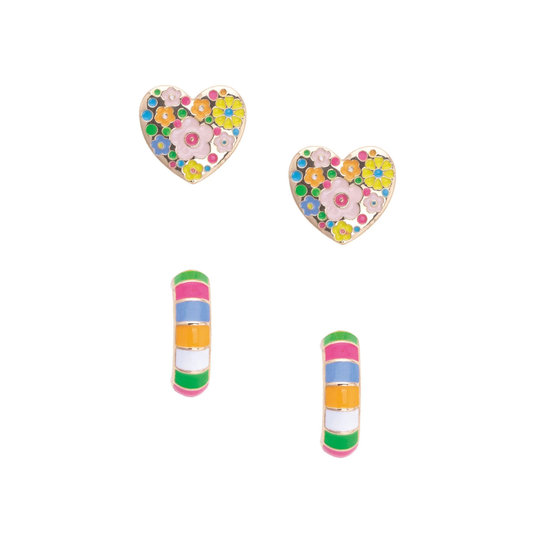 Presley Floral Heart & Huggie Hoop Earrings Set of 2 in Rainbow Multi