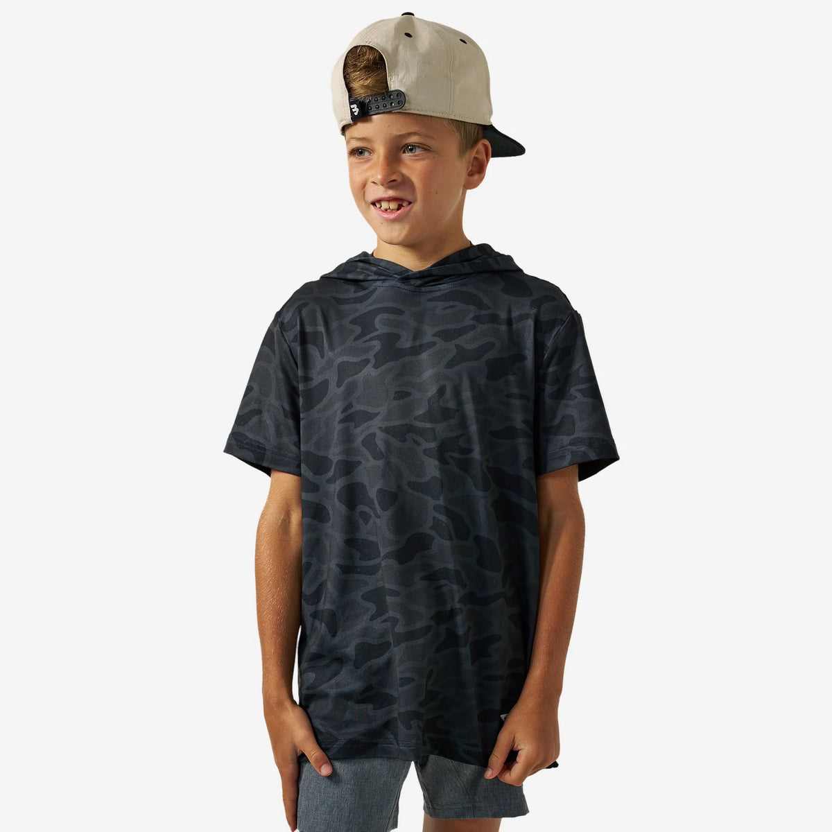 Youth Short Sleeve Performance Hoodie | Black Camo